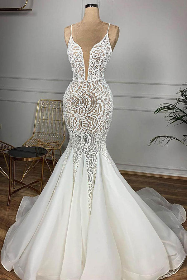 Wedding Dress Strapless, Luxurious Spaghetti Strap Plugging V neck White Sleeveless Mermaid Hollow Wedding Dress