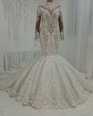 Wedding Dress With Straps, Luxurious Sparkle Beaded High neck Fit and Flare Mermaid Wedding Dress