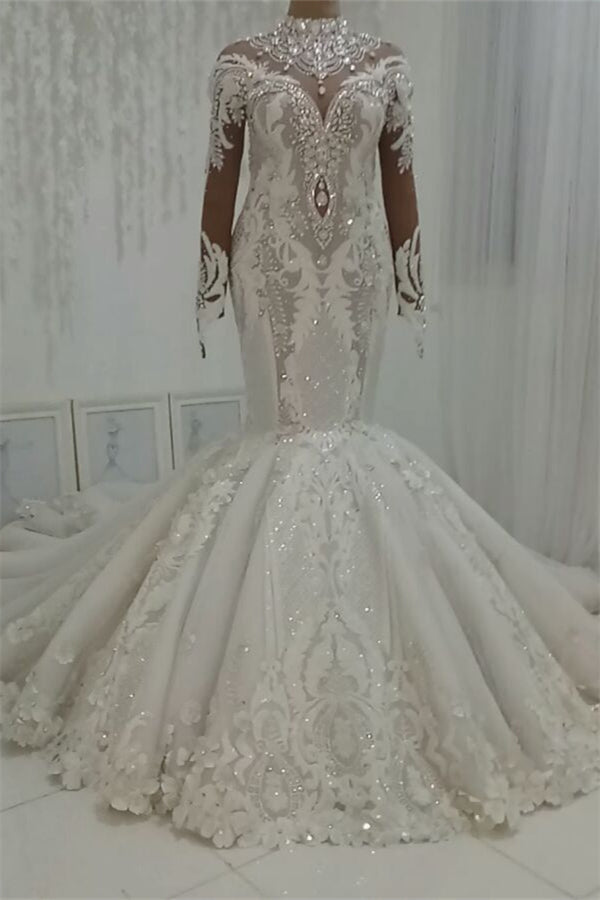 Wedding Dresses Bridesmaid, Luxurious Sparkle Beaded High neck Fit and Flare Mermaid Wedding Dress