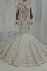 Wedding Dresses Bridesmaid, Luxurious Sparkle Beaded High neck Fit and Flare Mermaid Wedding Dress