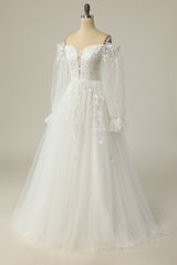 Wedding Dresses Sleeves, Luxurious A Line Off the Shoulder White Wedding Dress with Appliques