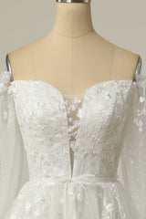 Wedding Dress Fall, Luxurious A Line Off the Shoulder White Wedding Dress with Appliques