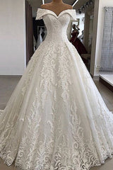 Wedding Dresses Uk, Luxury Long A-line Off the Shoulder Applique Lace Wedding Dress