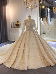 Wedding Dresses Vintage Style, Luxury Long Ball Gown Lace Beading Wedding Dresses with Sleeves