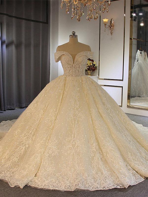 Wedding Dresses 2024 Trends, Luxury Long Ball Gown Off-the-Shoulder Lace Tulle Wedding Dresses with Beading