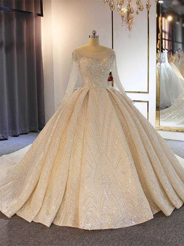 Wedding Dresses With Lace, Luxury Long Ball Gown Sweetheart Lace Wedding Dresses with Sleeves
