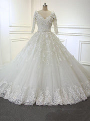 Wedding Dress Sleeve, Luxury Long Ball Gown V Neck Lace Wedding Dresses with Sleeves
