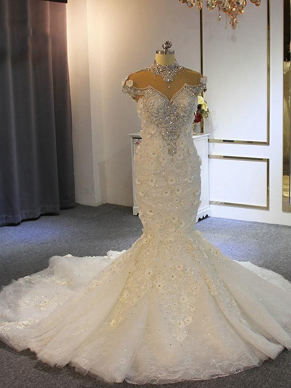 Wedding Dress With Lace, Luxury Long Mermaid Full Beading Lace Tulle Wedding Dresses