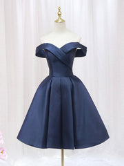 Night Club Outfit, Blue V-neckline Satin Off Shoulder Party Dress, A-Line Blue Short Evening Prom Dress