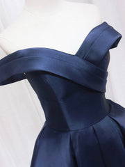 Prom Aesthetic, Blue V-neckline Satin Off Shoulder Party Dress, A-Line Blue Short Evening Prom Dress