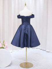 Sweater Dress, Blue V-neckline Satin Off Shoulder Party Dress, A-Line Blue Short Evening Prom Dress