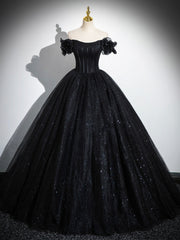 Party Dresses Europe, Sparkly Tulle Black Sweetheart Ball Gown, A-Line Off the Shoulder Evening Dress