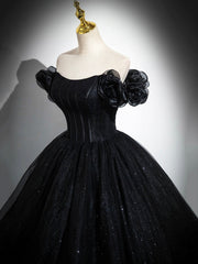 Party Dresses Cocktail, Sparkly Tulle Black Sweetheart Ball Gown, A-Line Off the Shoulder Evening Dress