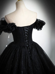 Party Dresses Summer, Sparkly Tulle Black Sweetheart Ball Gown, A-Line Off the Shoulder Evening Dress