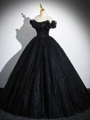Party Dress For Summer, Sparkly Tulle Black Sweetheart Ball Gown, A-Line Off the Shoulder Evening Dress