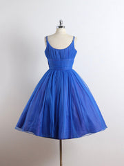 Party Dress Long, Royal Blue Spaghetti straps Tulle A-line Short Prom Dress