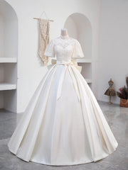 Wedding Dress Fabric, Beautiful Sweetheart Neck Satin Long Prom Dress with Detachable Lace Top, White Formal Wedding  Dress