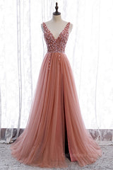 Homecoming Dresses Vintage, Mai Tai A-line V Neck Sleeveless Sequins Tulle Maxi Formal Dress with Slit
