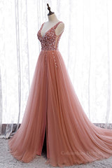Homecoming Dress Vintage, Mai Tai A-line V Neck Sleeveless Sequins Tulle Maxi Formal Dress with Slit