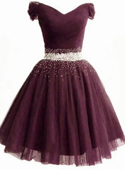 Prom Dress Backless, Maroon Off Shoulder Beaded Tulle Short Prom Dress Homecoming Dress, Cute Prom Dresses