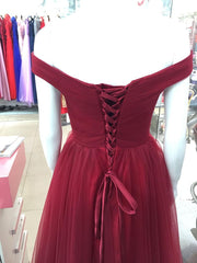 Prom Dresses Lace, Maroon Off Shoulder Bridesmaid Dress  Long, Simple Tulle Dress