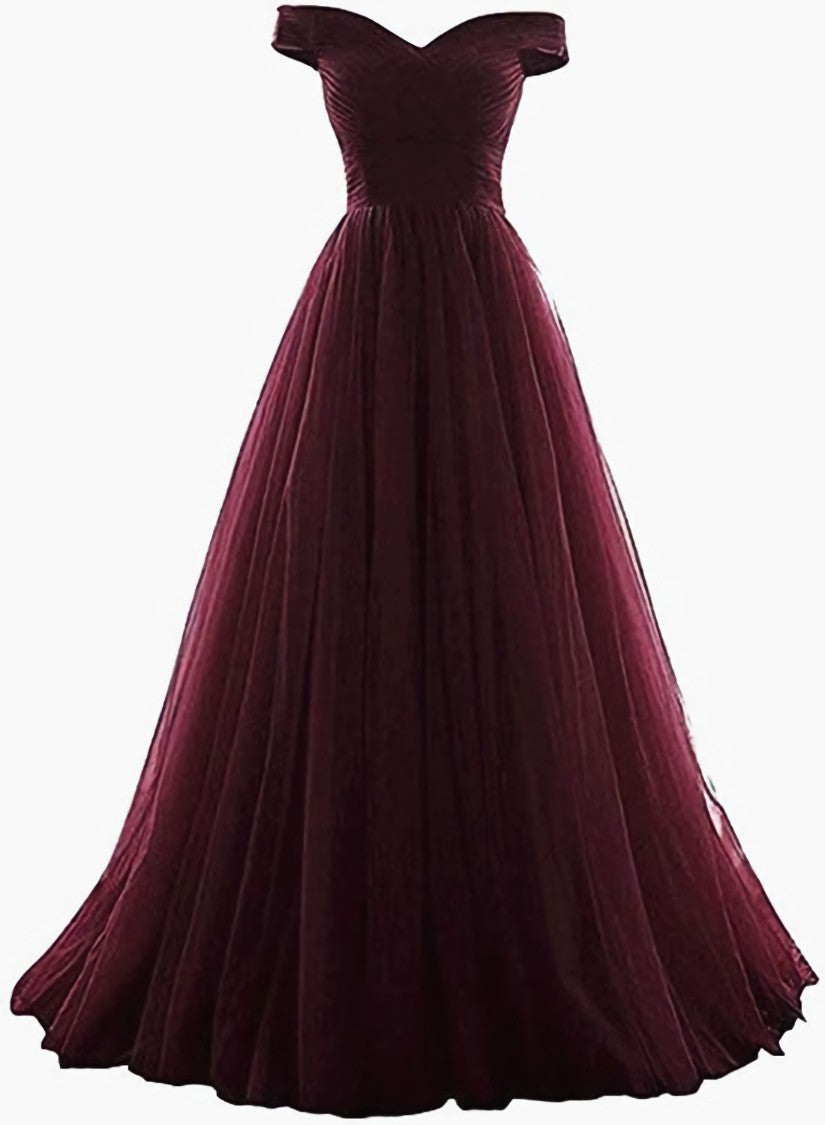 Prom Dress Ball Gown, Maroon Off Shoulder Bridesmaid Dress  Long, Simple Tulle Dress