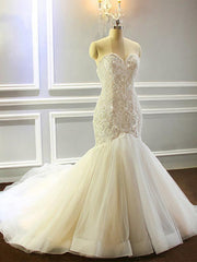 Wedding Dress Sleeves, Mermaid Appliques Sweetheart Wedding Dresses Sleeveless Tulle Pleated Bridal Gowns
