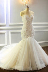 Wedding Dress Outfits, Mermaid Appliques Sweetheart Wedding Dresses Sleeveless Tulle Pleated Bridal Gowns