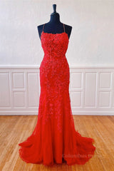 Prom Dress 2027, Mermaid Backless Red Lace Long Prom Dresses, Mermaid Red Formal Dresses, Red Lace Evening Dresses