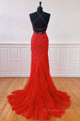 Party Dresses Jumpsuits, Mermaid Backless Red Lace Long Prom Dresses, Mermaid Red Formal Dresses, Red Lace Evening Dresses