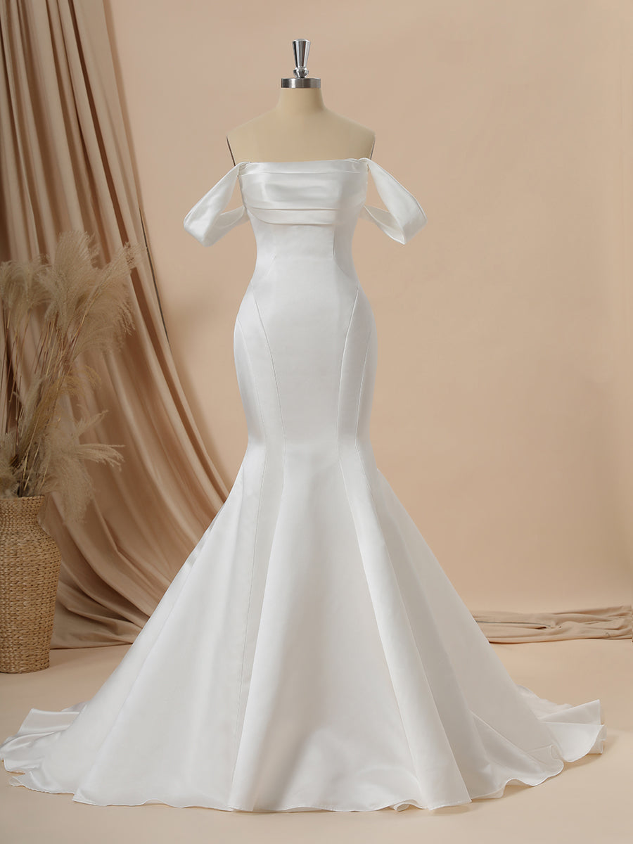 Wedding Dresses Boutique, Mermaid Charmeuse Off-the-Shoulder Pleated Chapel Train Convertible Wedding Dress