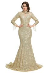 Prom Dresses Chiffon, Mermaid High Neck Long Sleeve Prom Dresses
