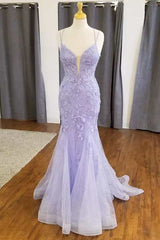 Bridesmaids Dresses Wedding, Mermaid Lavender Floral Lace Straps Long Prom Dress Outfits