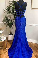 Bridesmaids Dress With Lace, Mermaid Long Red Prom Dress with Rhinestones,Royal Blue Bodycon Dresses
