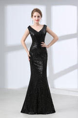 Formal Dresses Off The Shoulder, Mermaid Long V Neck Black Sequined Sheer Back Prom Dresses