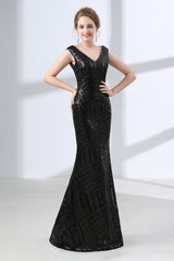 Formal Dress For Wedding Party, Mermaid Long V Neck Black Sequined Sheer Back Prom Dresses