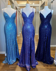 Sage Green Wedding, Mermaid Purple Sequins Long Prom Dress with Slit,Navy Blue Evening Party Gowns