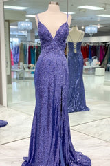 Short Wedding Dress, Mermaid Purple Sequins Long Prom Dress with Slit,Navy Blue Evening Party Gowns