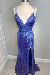 Wedding Aesthetic, Mermaid Purple Sequins Long Prom Dress with Slit,Navy Blue Evening Party Gowns