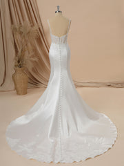 Wedding Dress Long Sleeves, Mermaid Satin Spaghetti Straps Appliques Lace Chapel Train Corset Wedding Dress