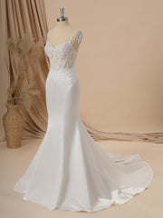 Wedding Dress Long Sleeved, Mermaid Satin Spaghetti Straps Appliques Lace Chapel Train Corset Wedding Dress