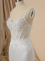 Wedding Dress Simple Elegant, Mermaid Satin Spaghetti Straps Appliques Lace Chapel Train Corset Wedding Dress