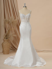 Weddings Dress Long Sleeve, Mermaid Satin Spaghetti Straps Appliques Lace Chapel Train Corset Wedding Dress