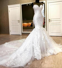 Wedding Dresses Lace, Mermaid Sweetheart Long Train Tulle Crochet Flower Wedding Dress