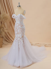 Wedding Dress For The Beach, Mermaid Tulle Off-the-Shoulder Appliques Lace Cathedral Train Corset Wedding Dress