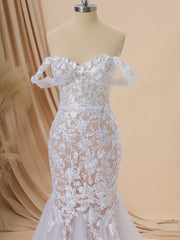 Wedding Dressed For The Beach, Mermaid Tulle Off-the-Shoulder Appliques Lace Cathedral Train Corset Wedding Dress