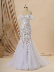 Wedding Dresses Sleeves Lace, Mermaid Tulle Off-the-Shoulder Appliques Lace Cathedral Train Corset Wedding Dress