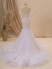 Wedding Dress Sleevs, Mermaid Tulle Off-the-Shoulder Appliques Lace Cathedral Train Corset Wedding Dress