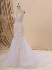 Weddings Dresses Fall, Mermaid Tulle Off-the-Shoulder Appliques Lace Cathedral Train Corset Wedding Dress
