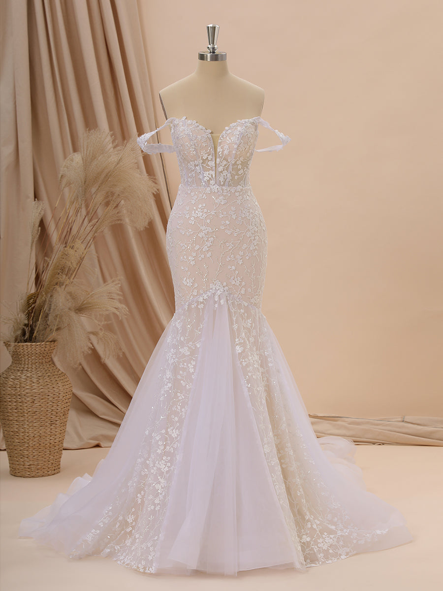 Wedding Dresses Sleeve, Mermaid Tulle Off-the-Shoulder Appliques Lace Cathedral Train Corset Wedding Dress